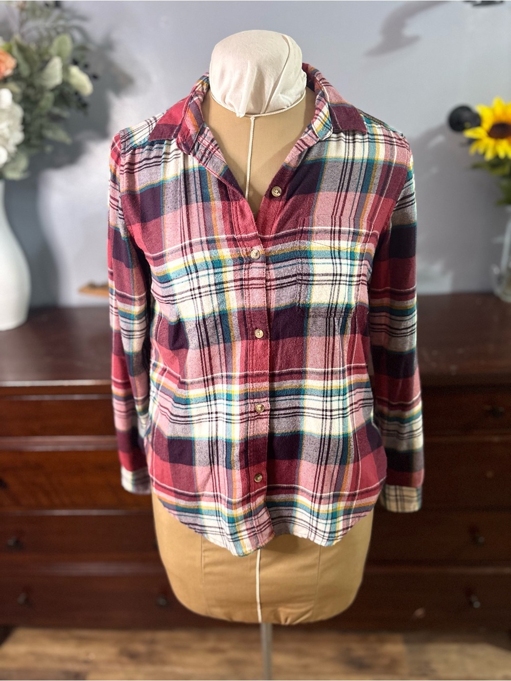 American Eagle Outfitters Red Burgundy Plaid Button-Down Shirt